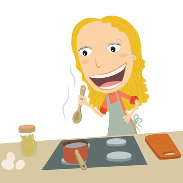 Blonde girl cooking on the stove. Vector Illustration.