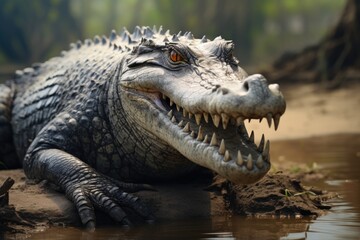 Large female saltwater crocodile on muddy river bank.