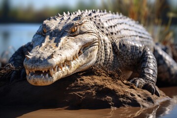 Obraz premium Large female saltwater crocodile on muddy river bank.
