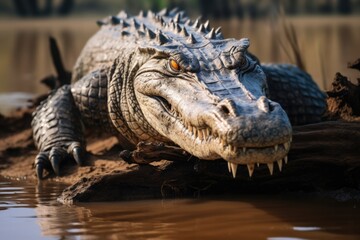 Obraz premium Large female saltwater crocodile on muddy river bank.