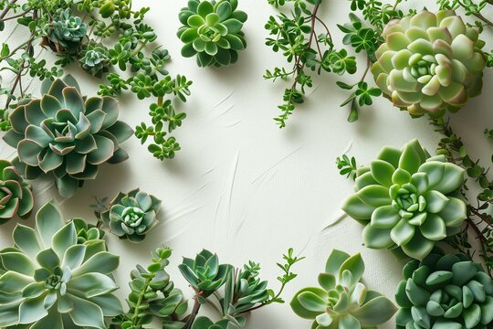 A frame of succulent plants on a white background