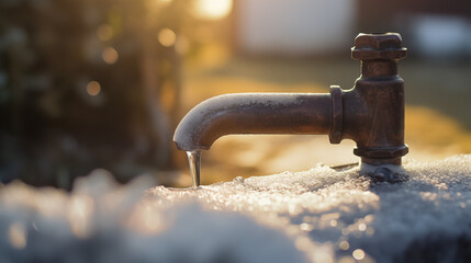 Frozen outdoor water faucet on a cold winter morning, frozen pipes and faucets - obrazy, fototapety, plakaty