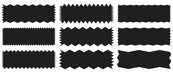 Zig zag edge rectangle shape collection. Jagged rectangular elements set. Black graphic design elements for decoration, banner, poster, template, sticker, badge. Vector - obrazy, fototapety, plakaty