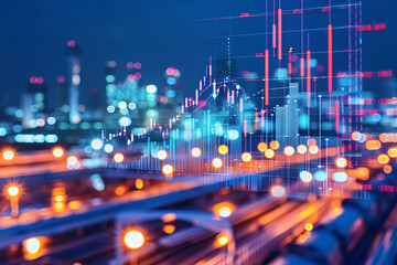 Fototapeta na wymiar City lights and stock market chart overlays illustrating financial concepts