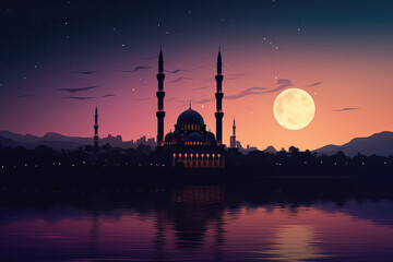 Fototapeta premium Mosque sunset sky, moon, holy night, islamic night and silhouette mosque.ramadan , eid mubarak.