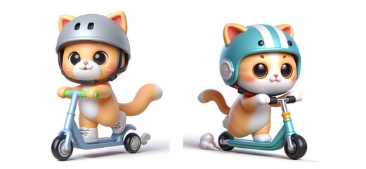 Naklejka premium Cute cat on scooter, 3D inflatable cat illustration, Adorable animal characters on scooters, 3D inflatable cat cartoon vector