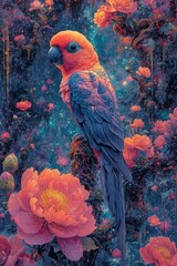Retro Japanese Pulp Poster of Exotic Jungle Birds with Stunning patterned Feathers - Fantastical Artistic Bird Dreamscape Background created with Generative AI Technology