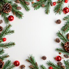 Fototapeta na wymiar Festive Christmas Fir Frame with Red Decorations on White Background. Holiday Greeting Card Design with Pine Cones and Glittering Balls. Top View Flat Lay Xmas and New Year Theme.