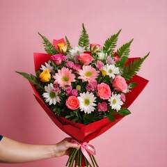 Valentine's Day Concept Beautifully arranged (((roses))), with delicate petals and a soft pink hue, artfully displayed in a ((vase)) against a backdrop of a (sunny, grass-filled meadow