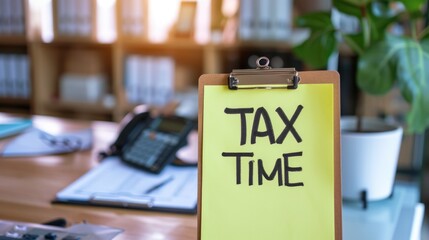 Sticky note with "TAX TIME" written on it placed on a clipboard in a professional accountant's office generative ai
