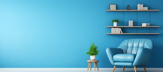 Scandinavian blue nova  modern living room with sofa, chair, and bookshelf against blue wall. - obrazy, fototapety, plakaty