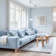 Scandinavian Living Room: Modern Interior Design with Pastel Blue Sofa by the Window