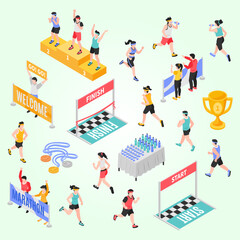 isometric marathon icons set with running males girls isolated vector illustration