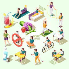 healthy life style isometric icons good sleep nutrition regular check up sports activity isolated