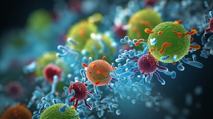 Detailed close up of vibrant 3d microscopic bacteria, including probiotics and oral bacteria