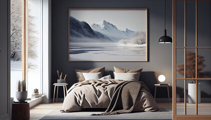 Scandinavian interior design of modern bedroom with big art poster frame minimalist Background, Ai generated image