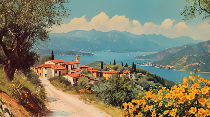 A retro Italian landscape vintage postcard with a sunny Italy 1970 vibe.