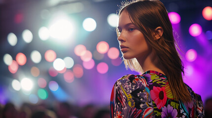 model walking confidently on a fashion runway, with an audience blurred in the background