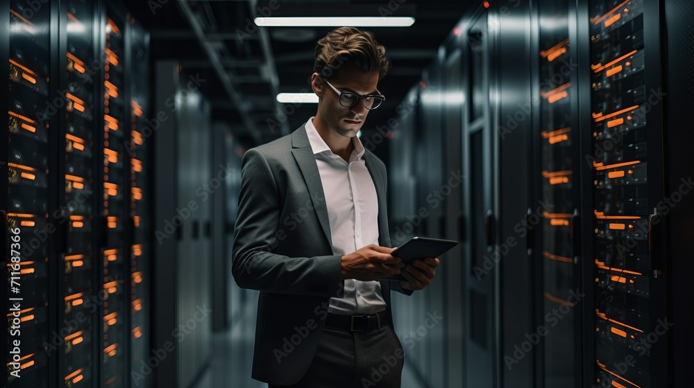Poster An IT engineer fixes technical problems in the server room with a tablet in his hands.