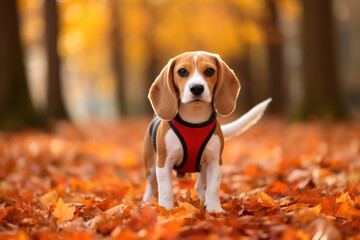 Happy Beagle Puppy Sitting in Autumn Park with Bright Foliage and Green Grass Background
