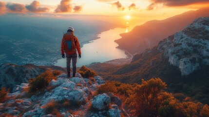 Lone Hiker Overlooking Sunset on Mountainous Lakeside