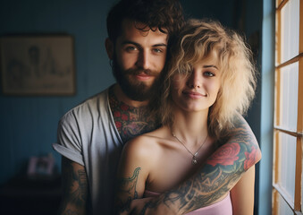 Young hipster man hugging a beautiful hipster blond girl. Indoor love scene.