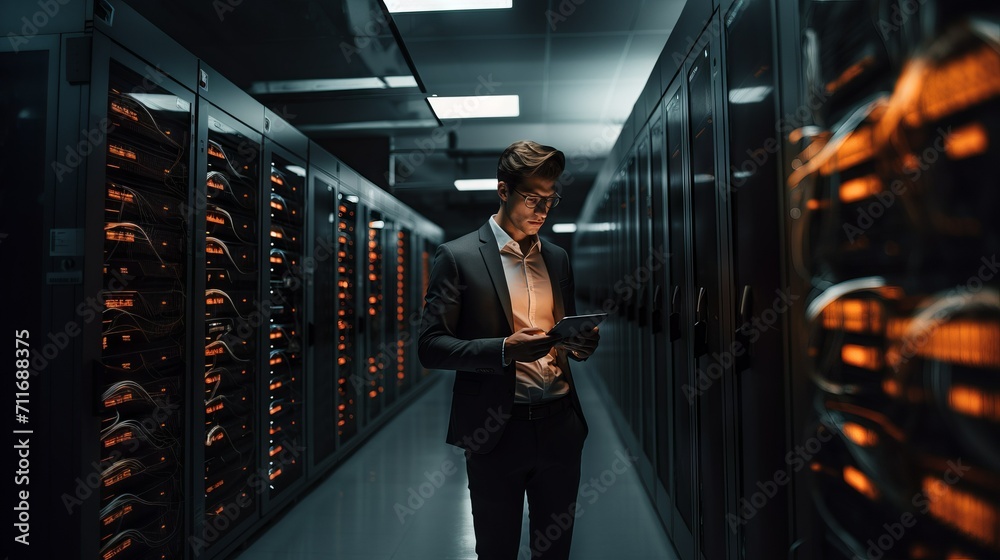 Poster An IT engineer fixes technical problems in the server room with a tablet in his hands. Modern technologies, artificial intelligence concepts.
