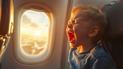 Fototapeta na wymiar Toddler Boy Throws Temper Tantrum by Airplane Window, Expressing Frustration with Screams and Tears. Candid Close-Up During Travel with Small Children