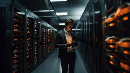 An IT engineer fixes technical problems in the server room with a tablet in his hands. Modern technologies, artificial intelligence concepts.