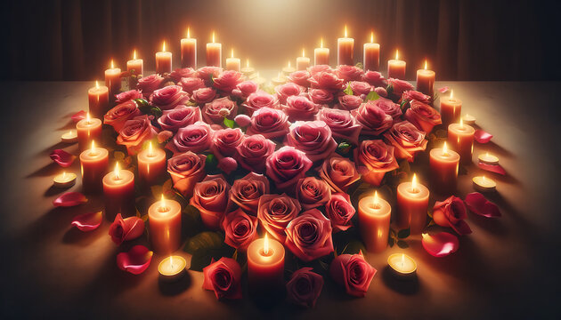 Many roses lay amidst the candlelight. And the candles are arranged in the shape of a heart