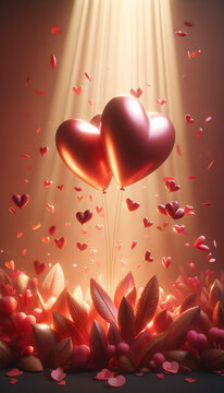 Heart-shaped balloons float above the leaves, and hearts float around them. Vertical image