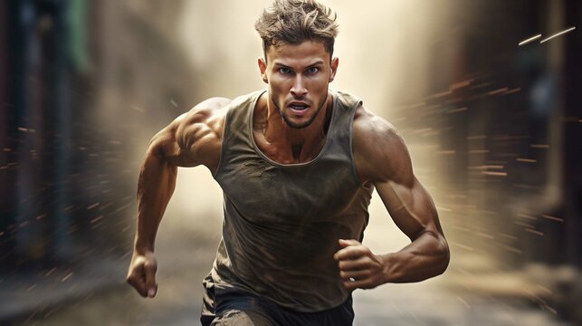 Athlete Runner Running on Road. Extremely detailed hyper realistic sport poster concept.