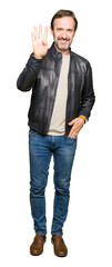 Middle age handsome man wearing black leather jacket showing and pointing up with fingers number four while smiling confident and happy.