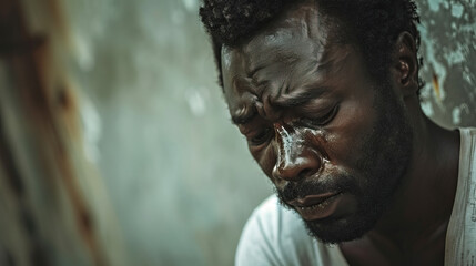 Fototapeta na wymiar Alleyway Sorrow: Emotional Moment of an African American Man Crying Outdoors, Expressing Deep Emotions in a Gritty Urban Setting