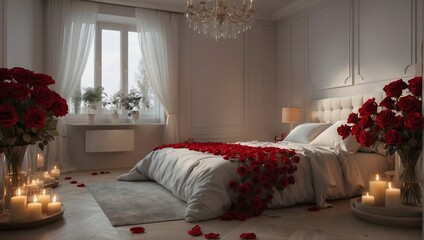 Bedroom decorated with red roses and candles, romanticism