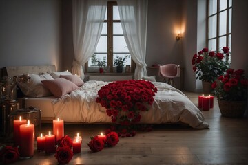 Bedroom decorated with red roses and candles, romanticism