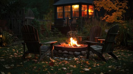 Fototapeta na wymiar Twilight Serenity: Cozy Backyard Gathering Around the Fire Pit on a Crisp Autumn Evening