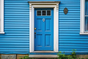 Traditional Home Front Entrance with Blue Door. Suburban Residence Exterior with Flower Porch and Window Glasses.