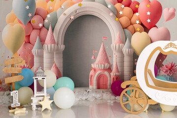 first birthday background with castle and princess carriage