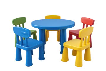 Colorful Childrens Furniture Set Consisting of Chairs and a Table on a Plain Background