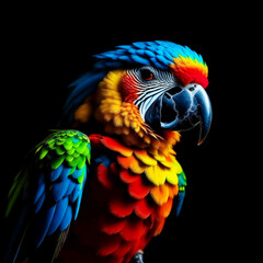 Obraz premium A bright, beautiful parrot, a tropical wild bird. artificial intelligence generator, AI, neural network image. background for the design.