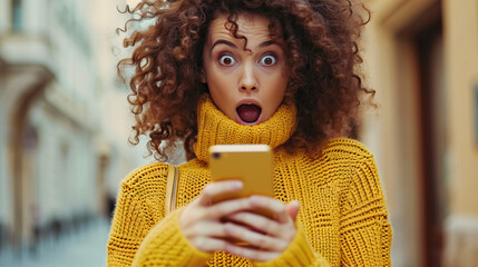 Surprise of a Curly Haired Woman with Brown Eyes Glued to her Phone Screen, Mouth Agape, Outdoors in Yellow Knitted Attire - obrazy, fototapety, plakaty