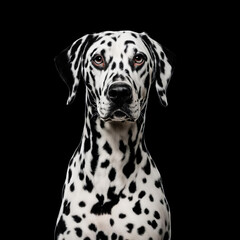 a pet, a Dalmatian dog on a black background. artificial intelligence generator, AI, neural network image. background for the design.