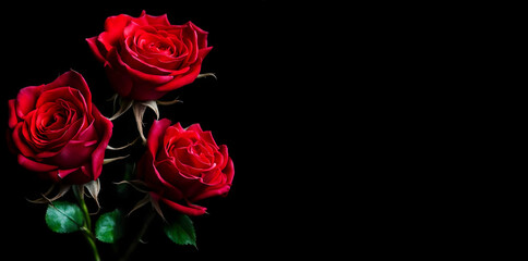 Fototapeta premium a bouquet of red roses on a black background, flowers as a gift, love. artificial intelligence generator, AI, neural network image. background for the design.