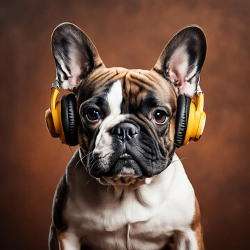 a dog with headphones on a dark background, a pet. artificial intelligence generator, AI, neural network image. background for the design.