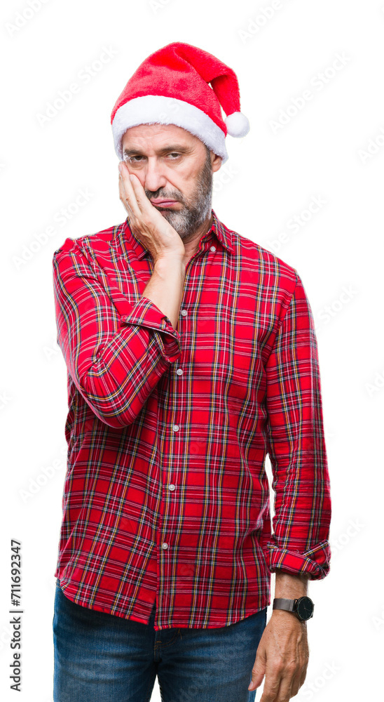 Sticker Middle age hoary senior man wearing christmas hat over isolated background thinking looking tired and bored with depression problems with crossed arms.