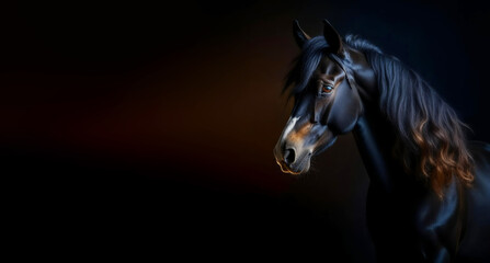 Obraz na płótnie Canvas a horse on a dark background, a beautiful steed, equestrian sports. artificial intelligence generator, AI, neural network image. background for the design.
