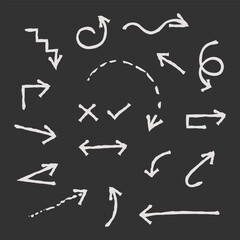 Set of hand drawn arrows. Vector illustration isolated on black background.