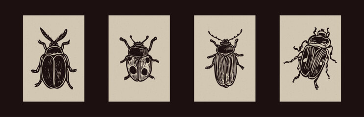Handmade linocut bug motif clipart in folkart scandi style. Set of simple monochrome block print insect shapes with woodcut paper texture effect.