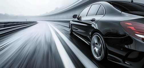 Fototapeta premium Rear view of black Business car on high speed in turn. black car rushing along a high-speed background blur effect